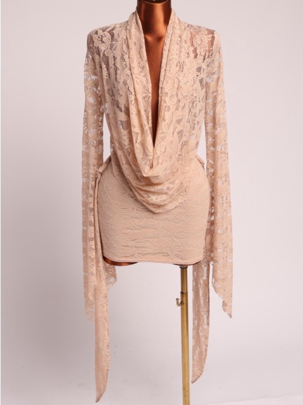 Delicate Tan Lace Drape Front Mini Dress